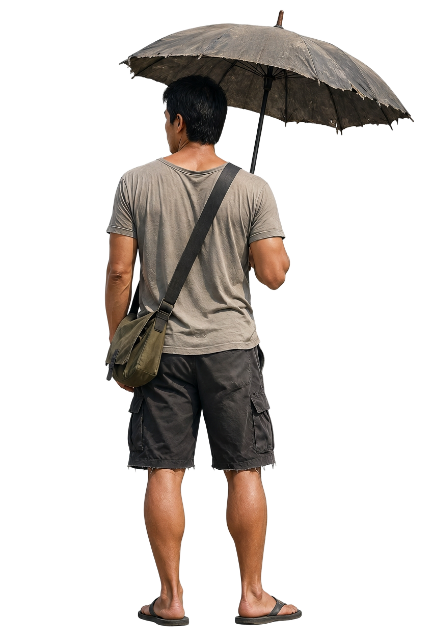Piolo Pascual as the lead of PARAGUA, standing beneath a weathered umbrella